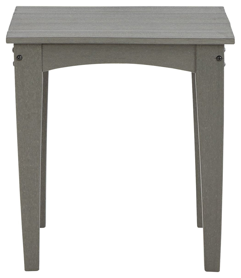 Gray square end table with arched apron and straight legs