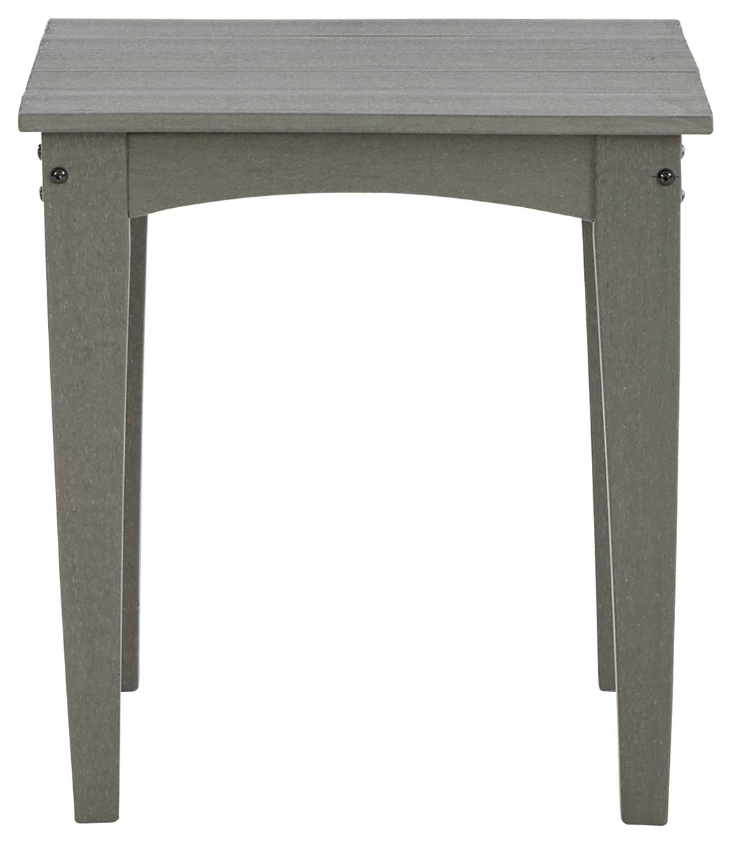 Gray square end table with arched apron and straight legs
