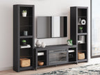 Black entertainment center with electric fireplace, shelves, and wall mirror panel