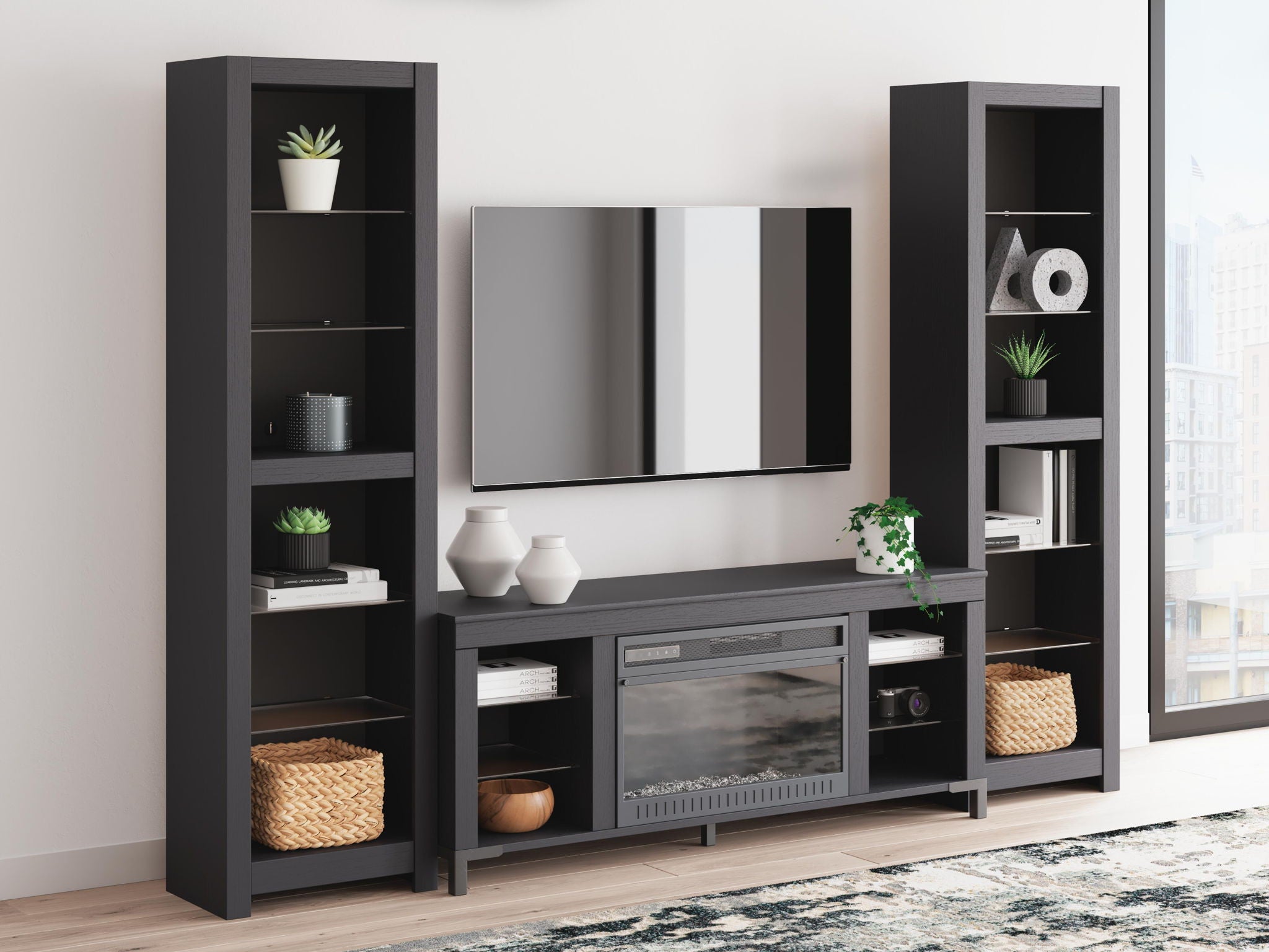Black entertainment center with electric fireplace, shelves, and wall mirror panel