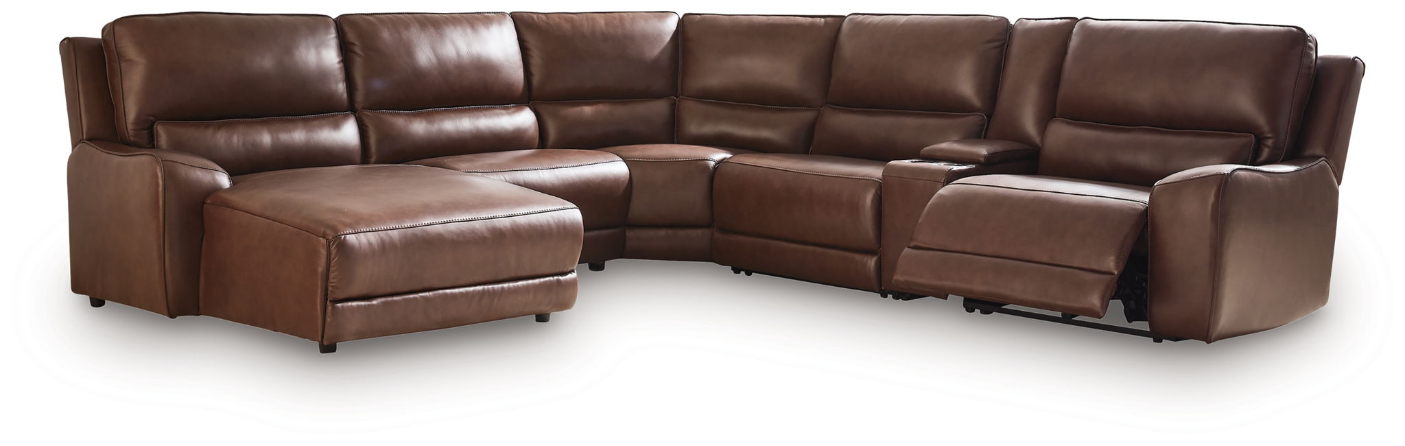 Dark brown power reclining sectional sofa with chaise and padded recliner ottomans