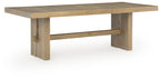 Light brown rectangular dining table with extension leaf seams and sturdy cross supports