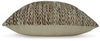 Striped brown and cream decorative pillow with solid beige sides, side view