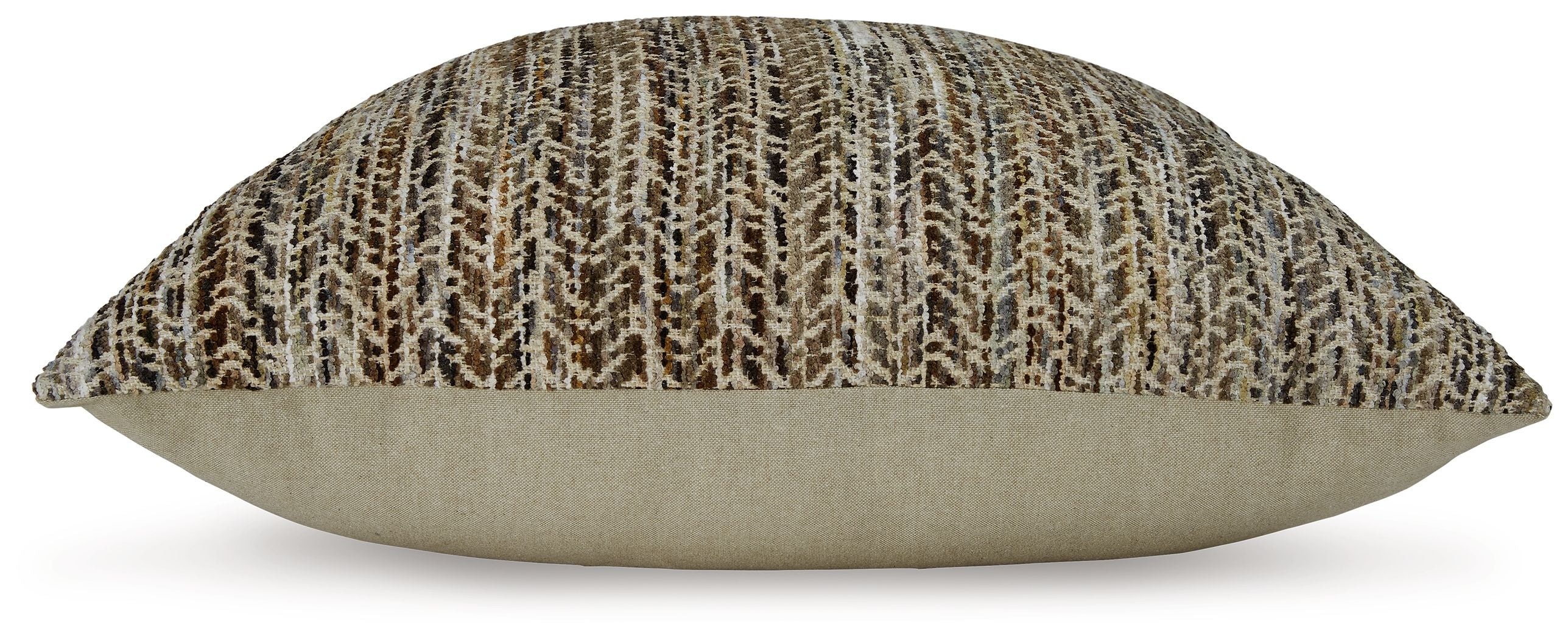 Striped brown and cream decorative pillow with solid beige sides, side view