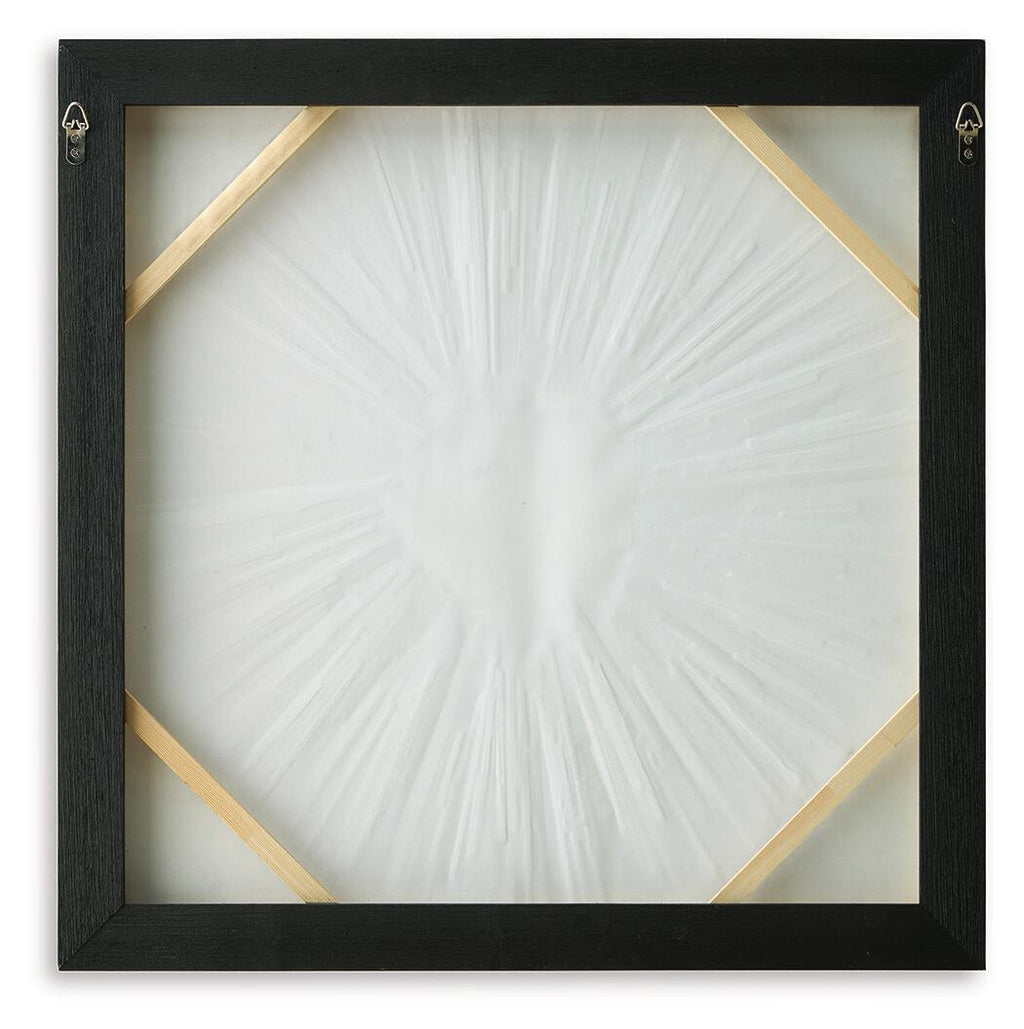 Square framed wall art with a white center and gold diagonal stripe accents