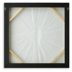 Square framed wall art with a white center and gold diagonal stripe accents