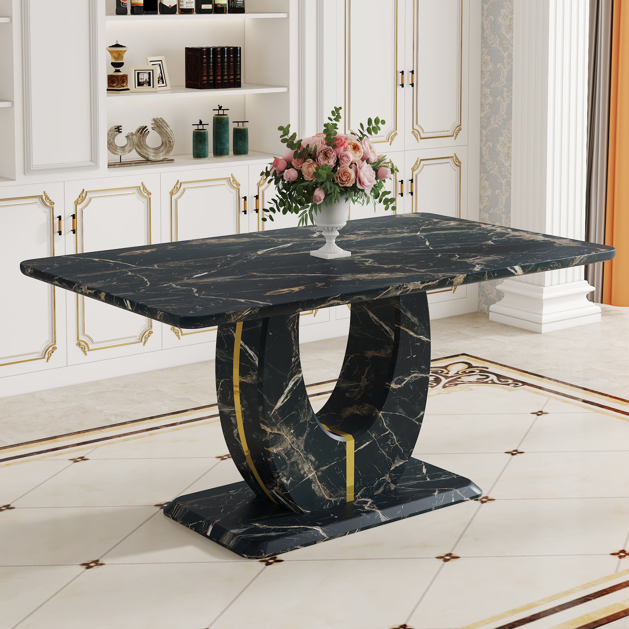 Modern Black Marble Dining Table (63x37) with Gold Legs