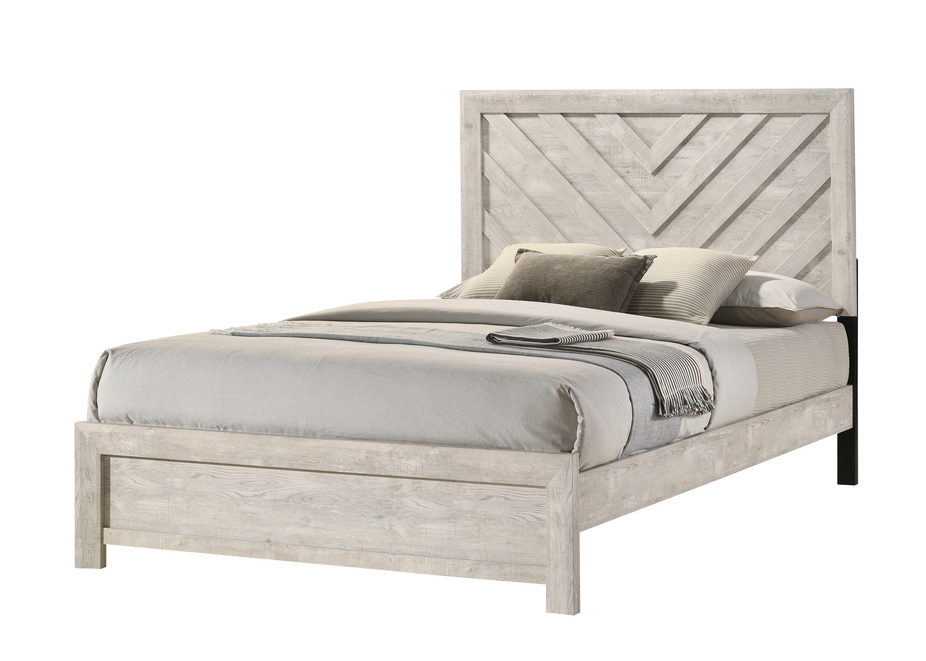 Rustic King Size Bed, Beige Gray Wooden Geometric Chevron Pattern
