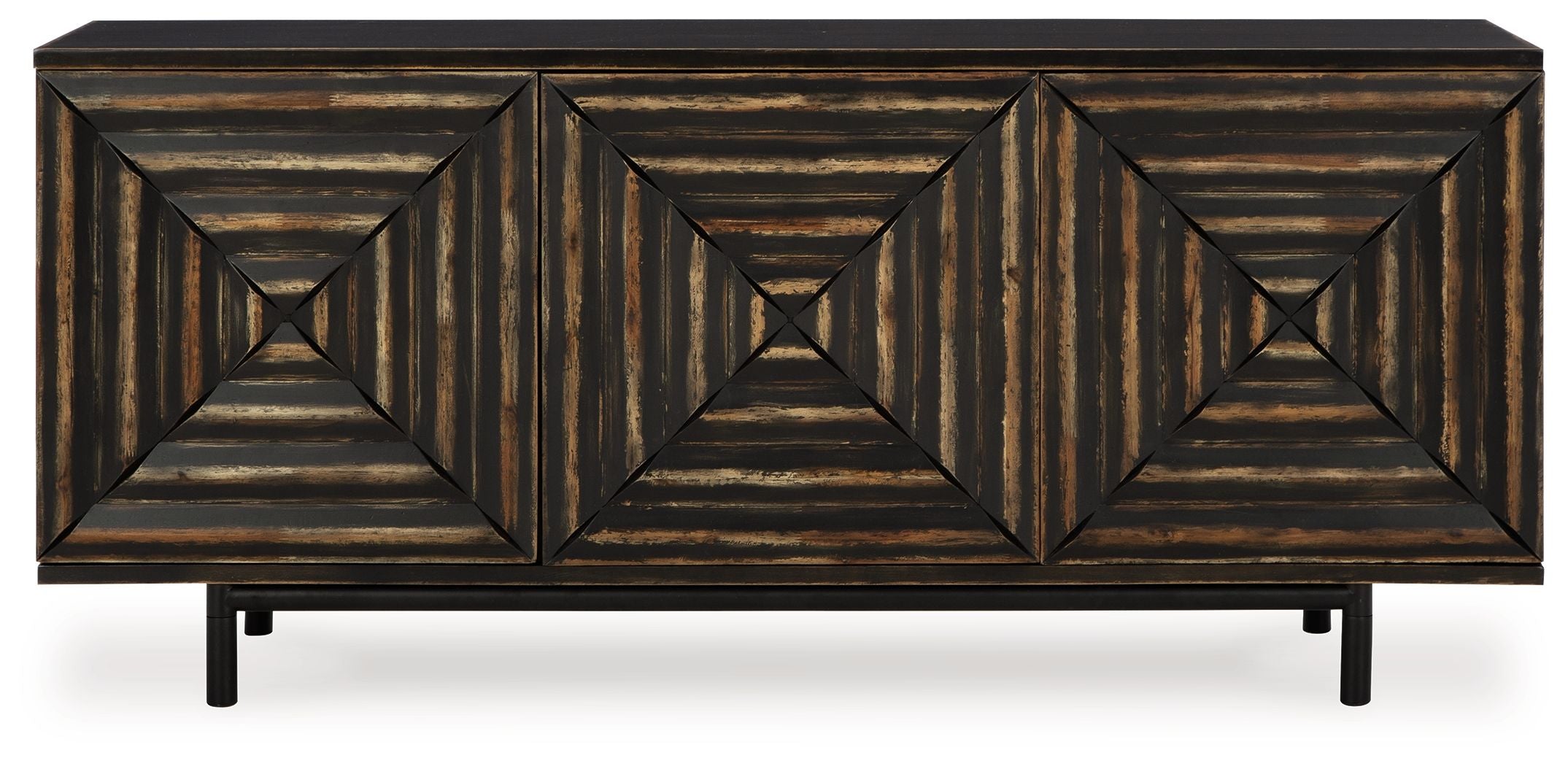 Distressed black accent cabinet with three geometric door fronts and four legs.