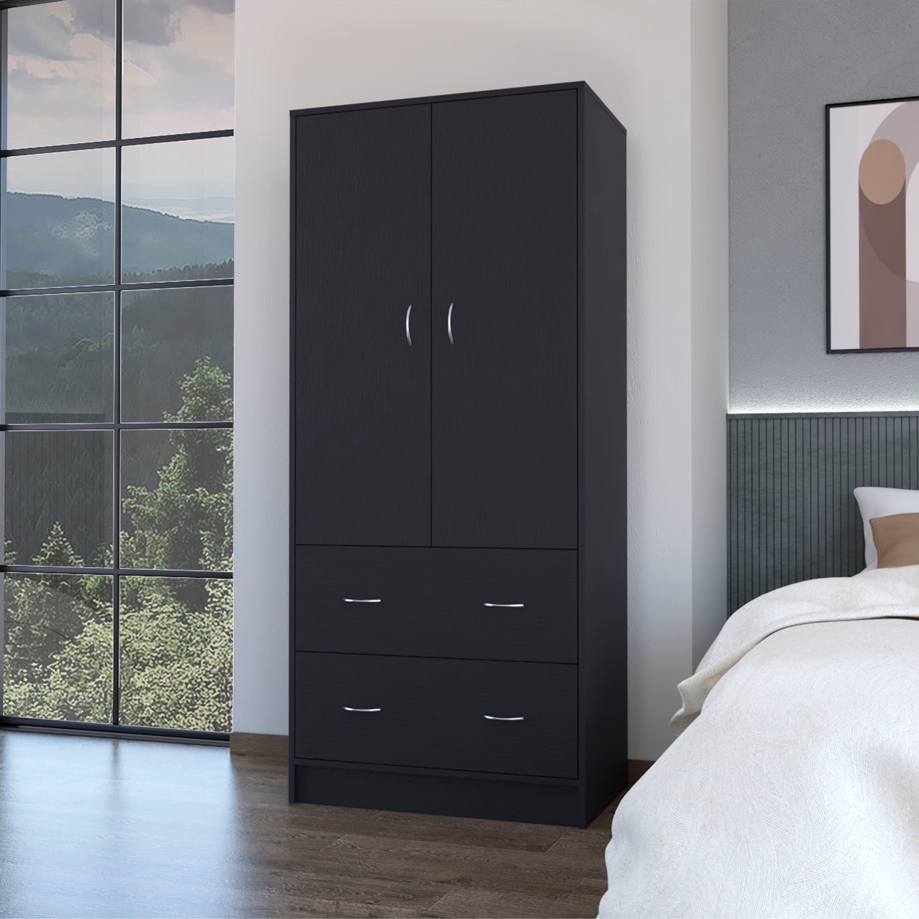 FM FURNITURE Wenden Wardrobe Black - 2 Doors, 2 Drawers, Storage