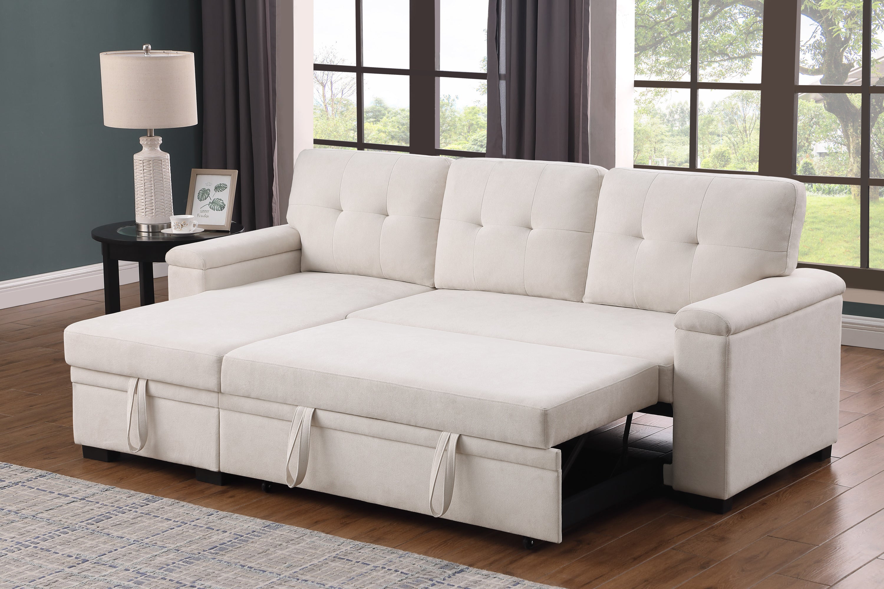 Lucca II 84.5"W Beige Reversible Sleeper Sectional Storage