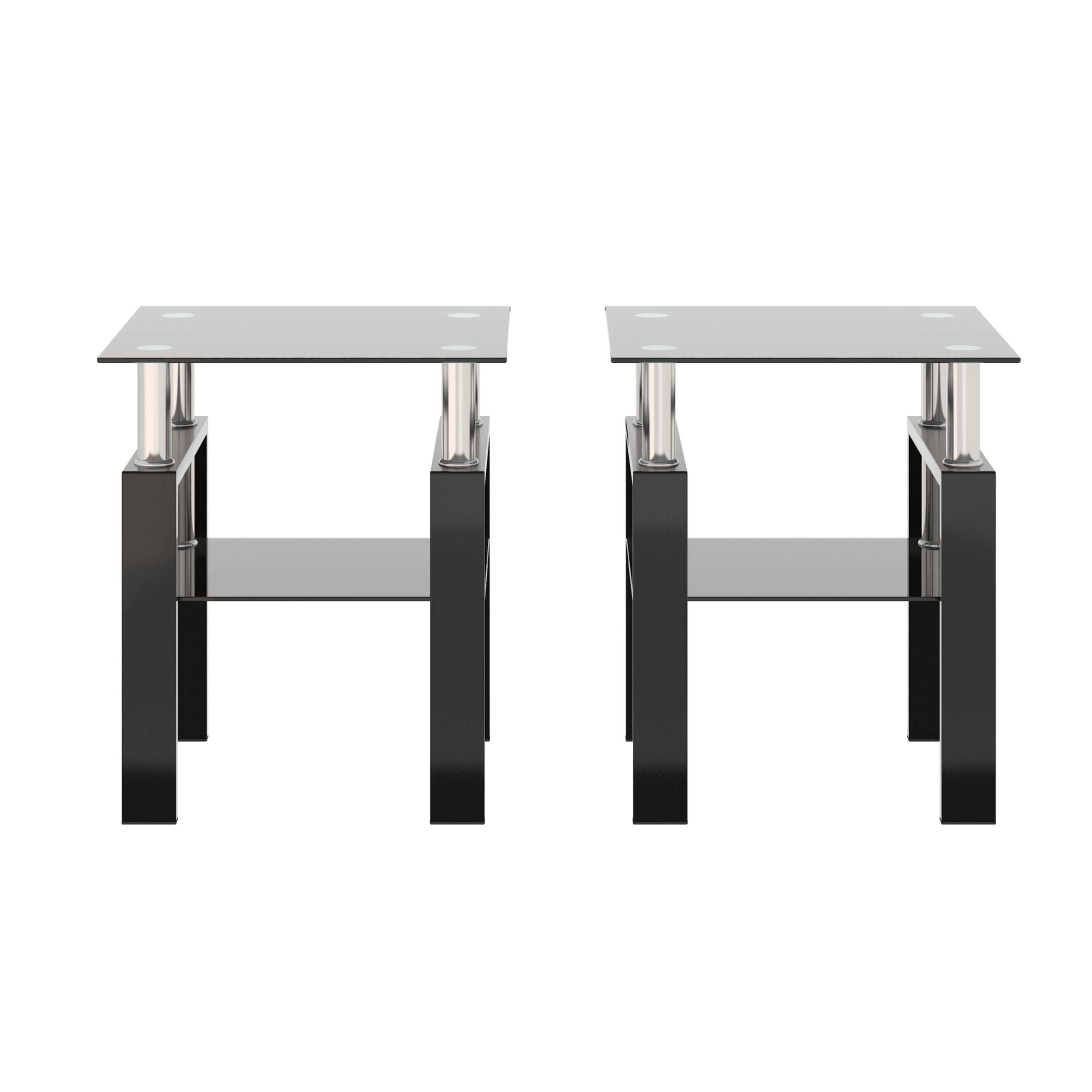 (Set of 2), Modern Tempered Glass Tea Table Coffee Table End Table, Square Table For Living Room, Black