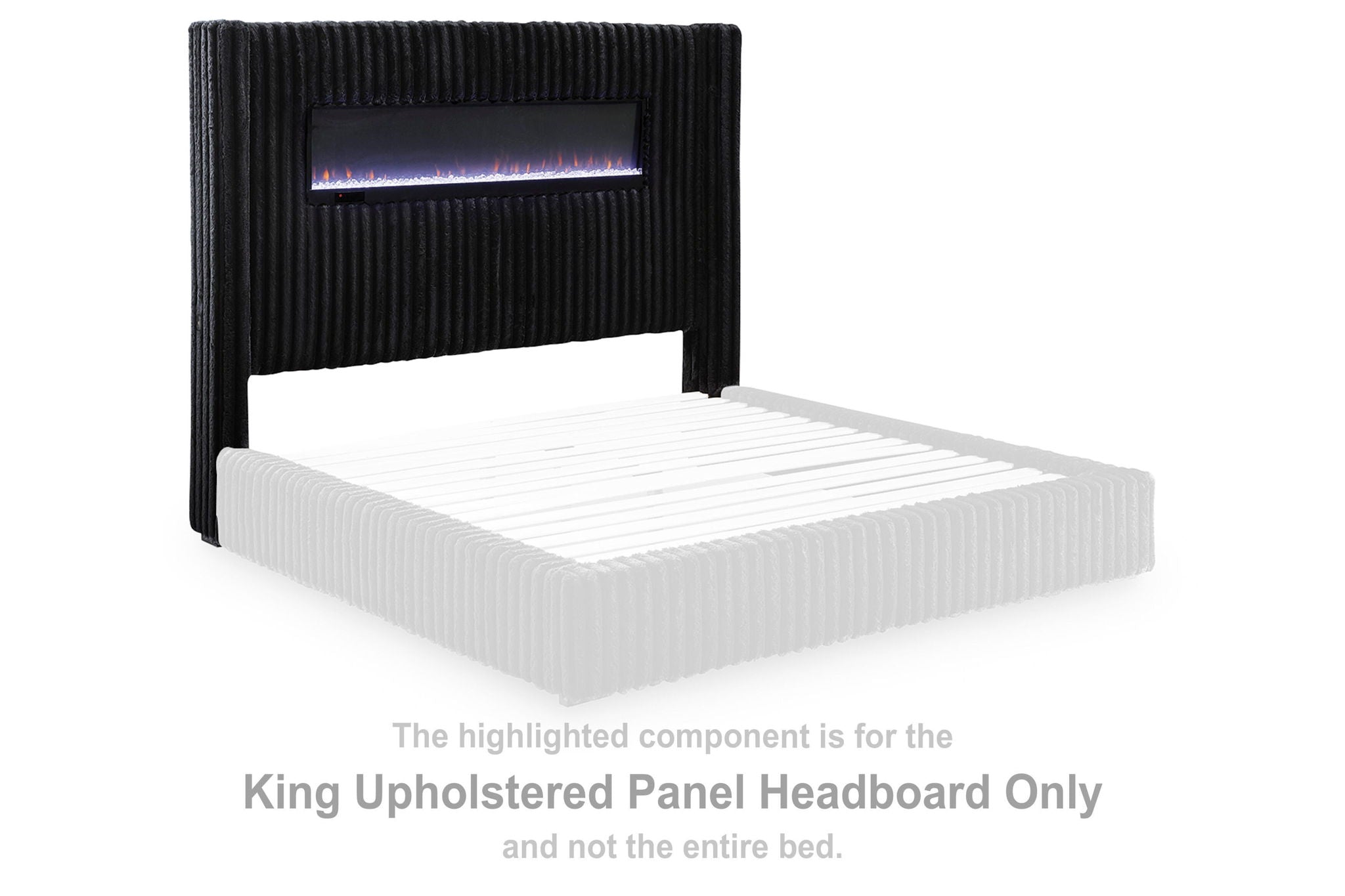 Black upholstered king panel headboard with vertical ribbed texture and padded top rail