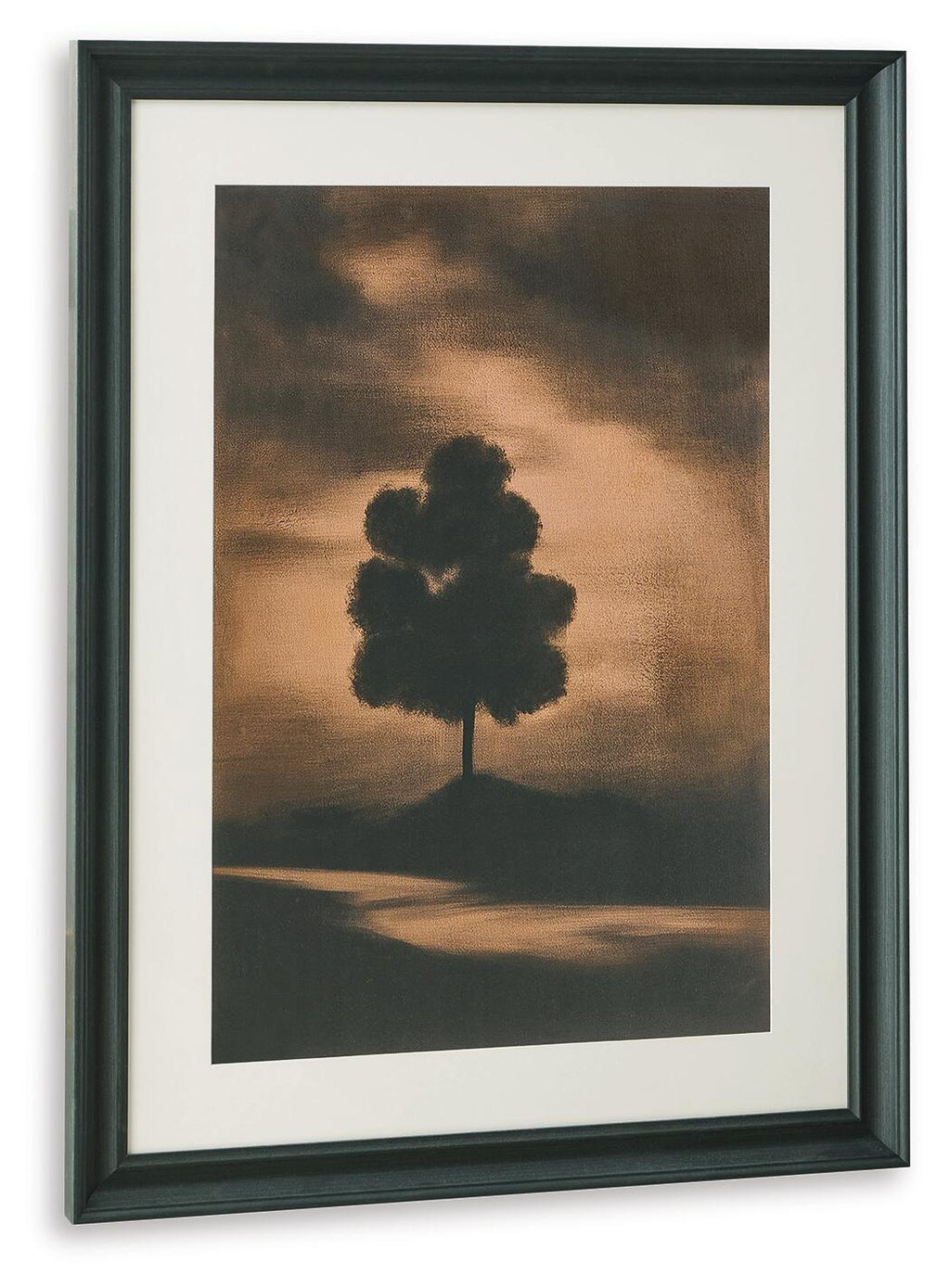 Framed wall art print with centered lone tree silhouette in brown-toned landscape