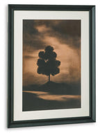 Framed wall art print with centered lone tree silhouette in brown-toned landscape