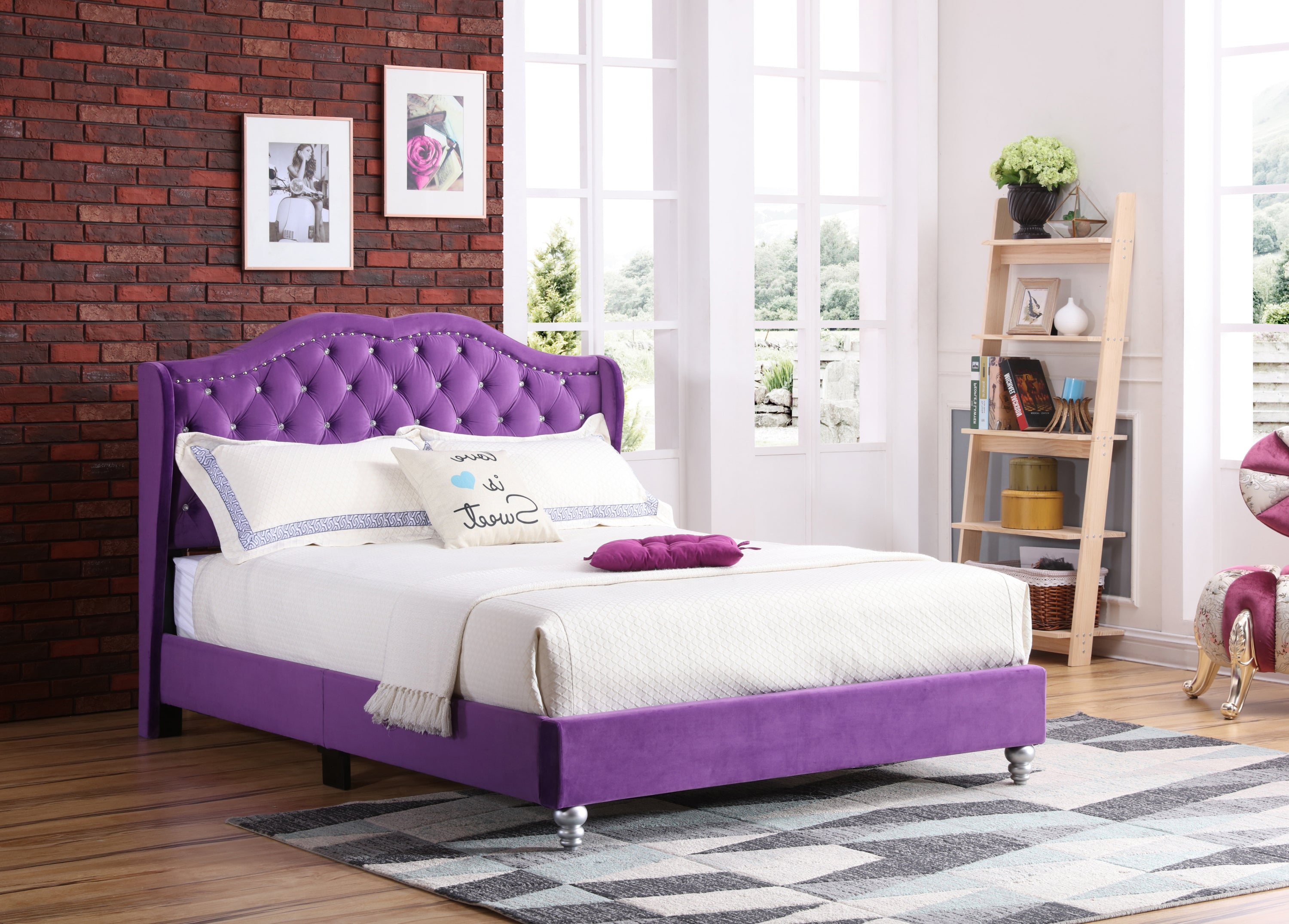 Transitional Purple Upholstered Full Bed Frame