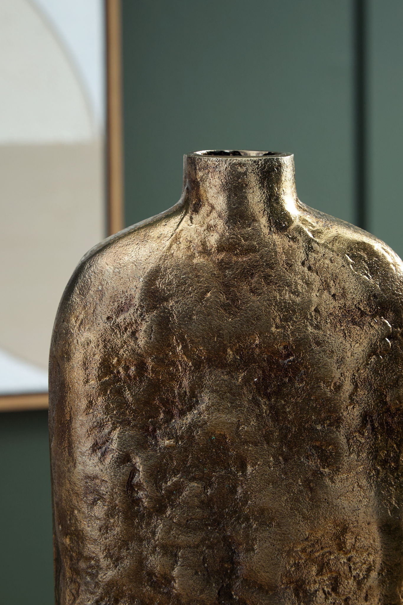 Wallmond vase neck and shoulder in gold-brown with hammered, distressed metal finish.