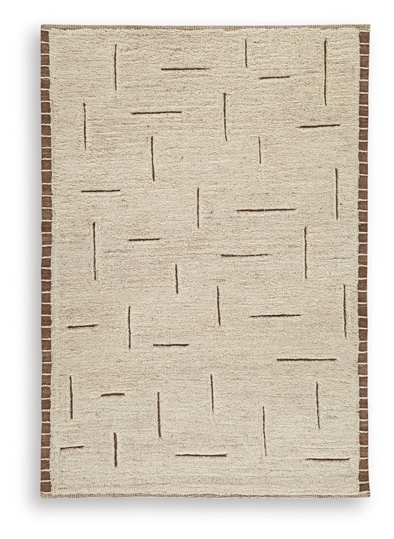 Beige rug with abstract line pattern, short pile and flat woven surface