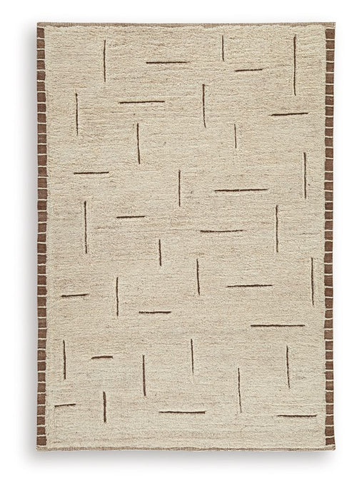 Beige rug with abstract line pattern, short pile and flat woven surface