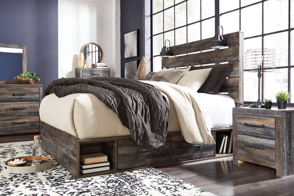 Panel bed with dark distressed wood frame, slat headboard, and side drawer panels