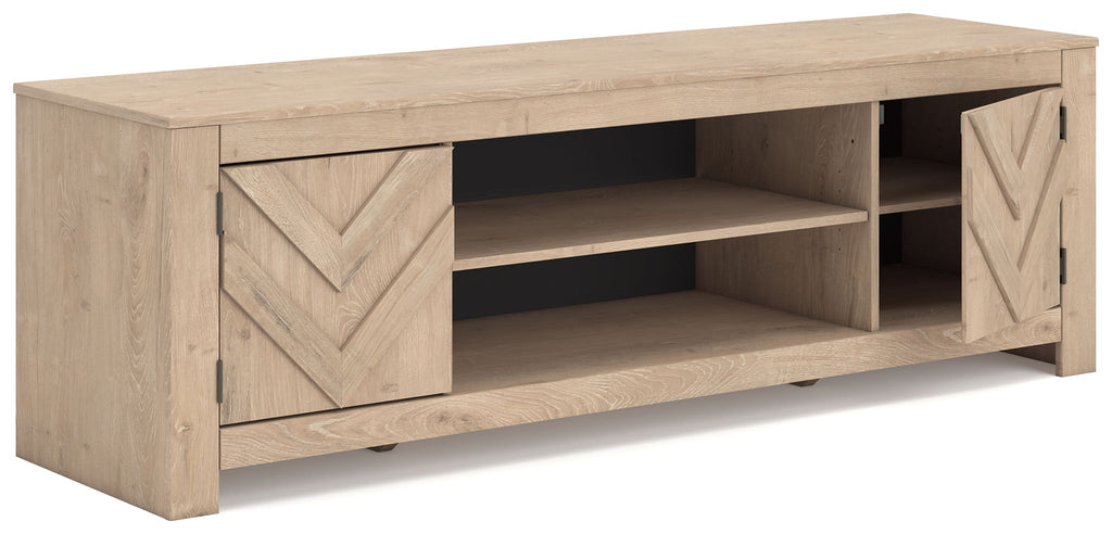 Light wood TV stand with two side cabinet doors and open center shelving