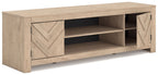 Light wood TV stand with two side cabinet doors and open center shelving