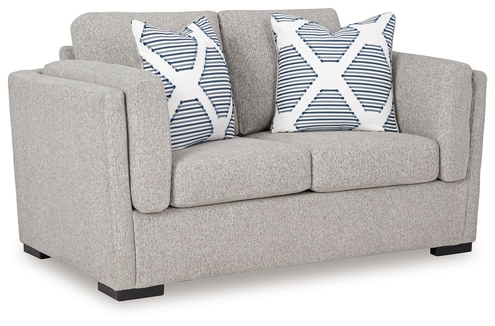 Gray loveseat sofa with two white-and-blue striped throw pillows and thick padded arms