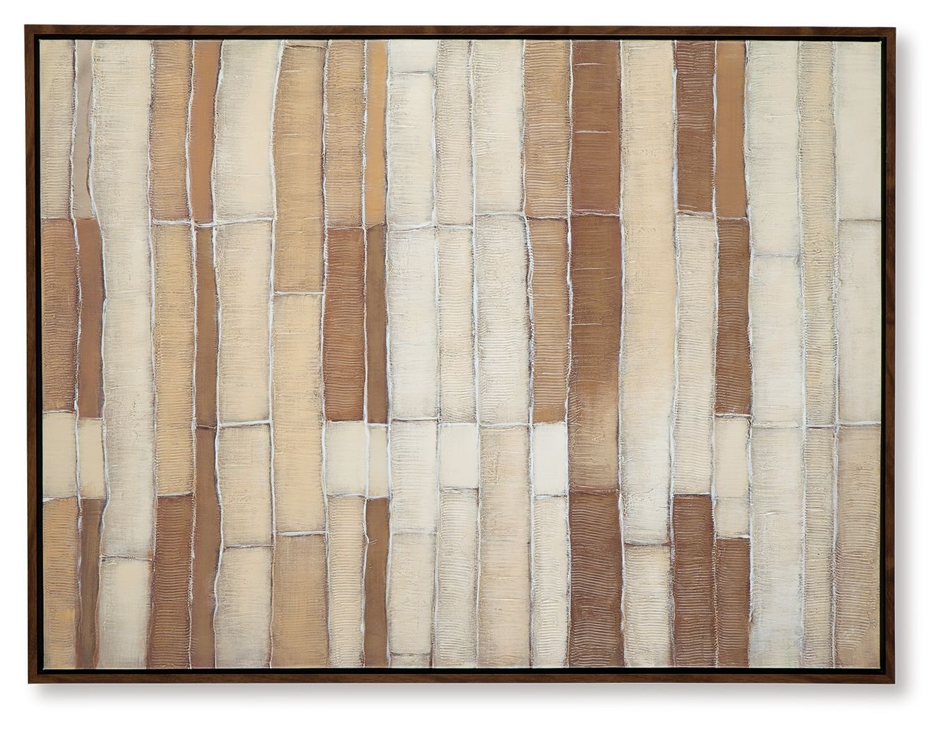 Framed wall art close-up of abstract brick-like lines in tan, brown and white