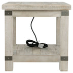 Rectangular end table with whitewashed gray finish and black cord on lower shelf