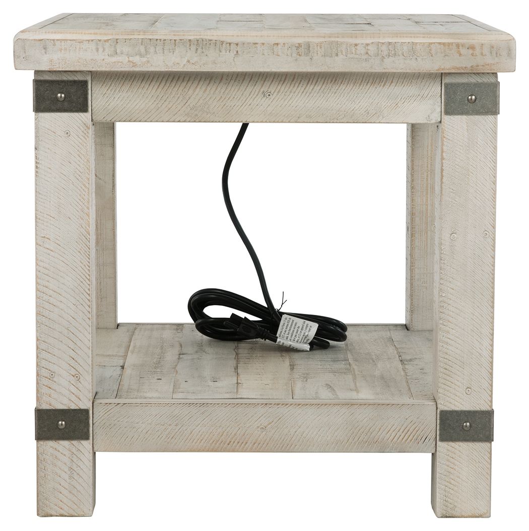 Rectangular end table with whitewashed gray finish and black cord on lower shelf