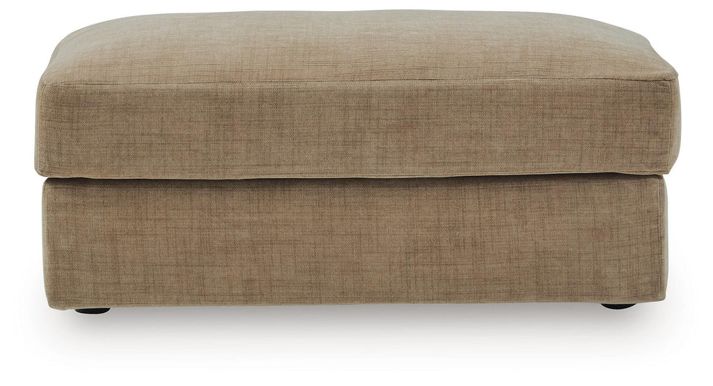 Honey-beige fabric storage ottoman with flat top and straight front