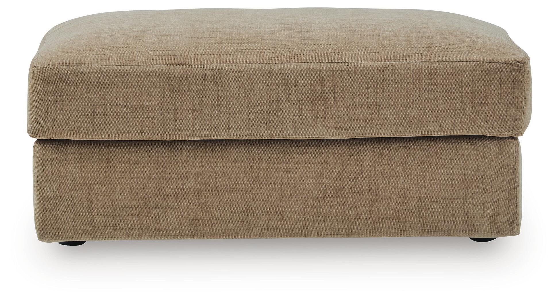 Honey-beige fabric storage ottoman with flat top and straight front