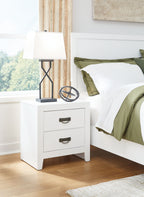 White two-drawer night stand with two drawers and bronze handle pulls