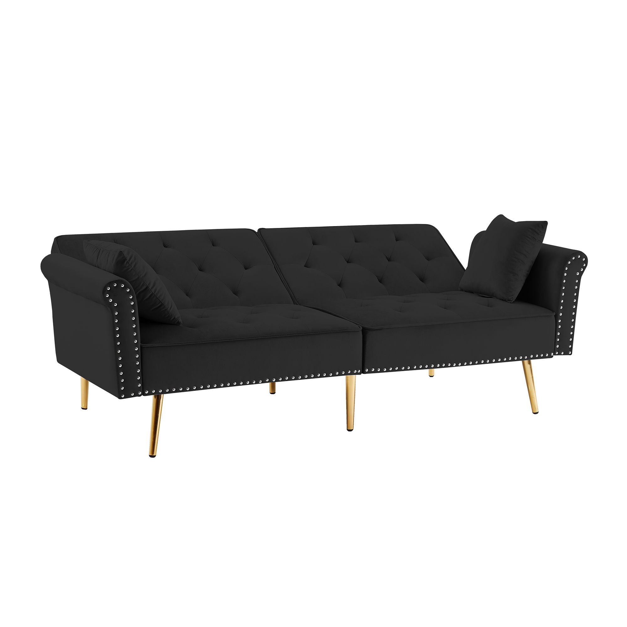 Modern Velvet Tufted Sofa Couch With 2 Pillows And Nailhead Trim, Loveseat Sofa Futon Sofa Bed With Metal Legs For Living Room - Black