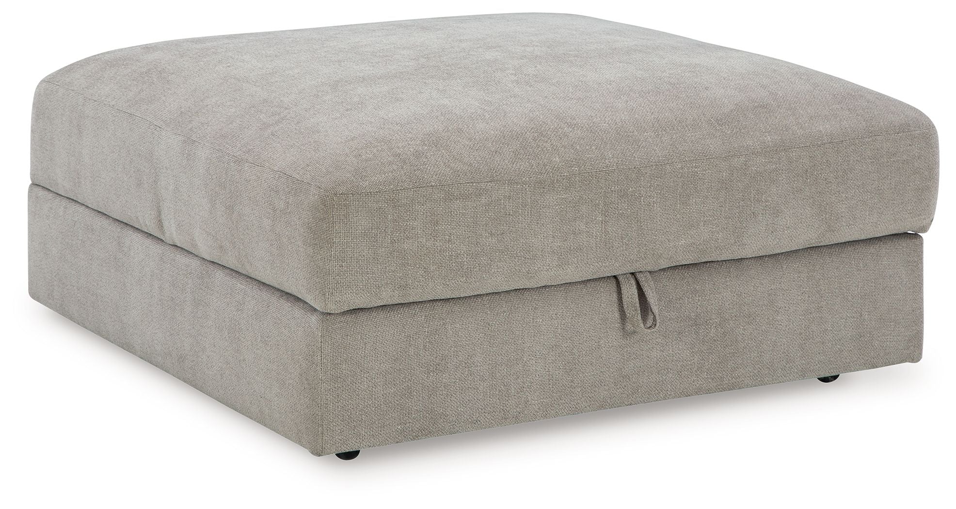 Gray upholstered ottoman with square padded top and short black legs