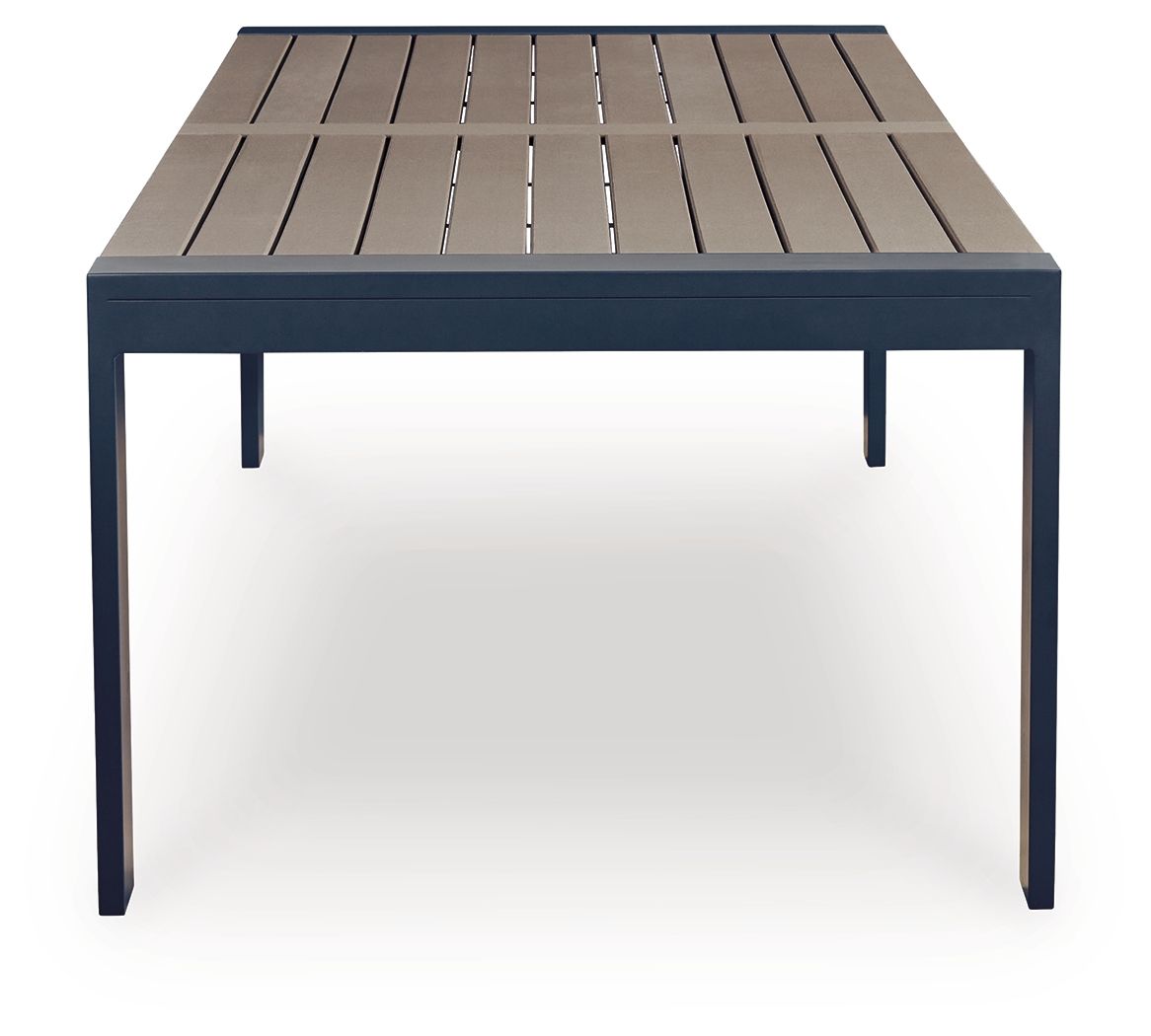 Blue rectangular dining table top view with slatted surface and straight legs