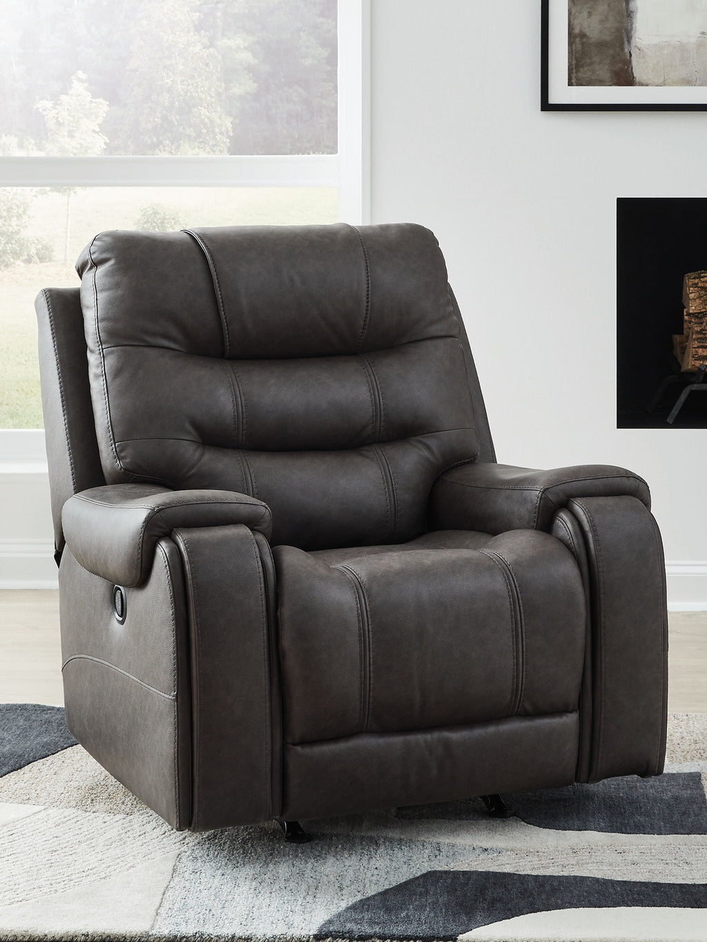 Smoke rocker recliner chair with padded armrests and recline footrest, dark gray