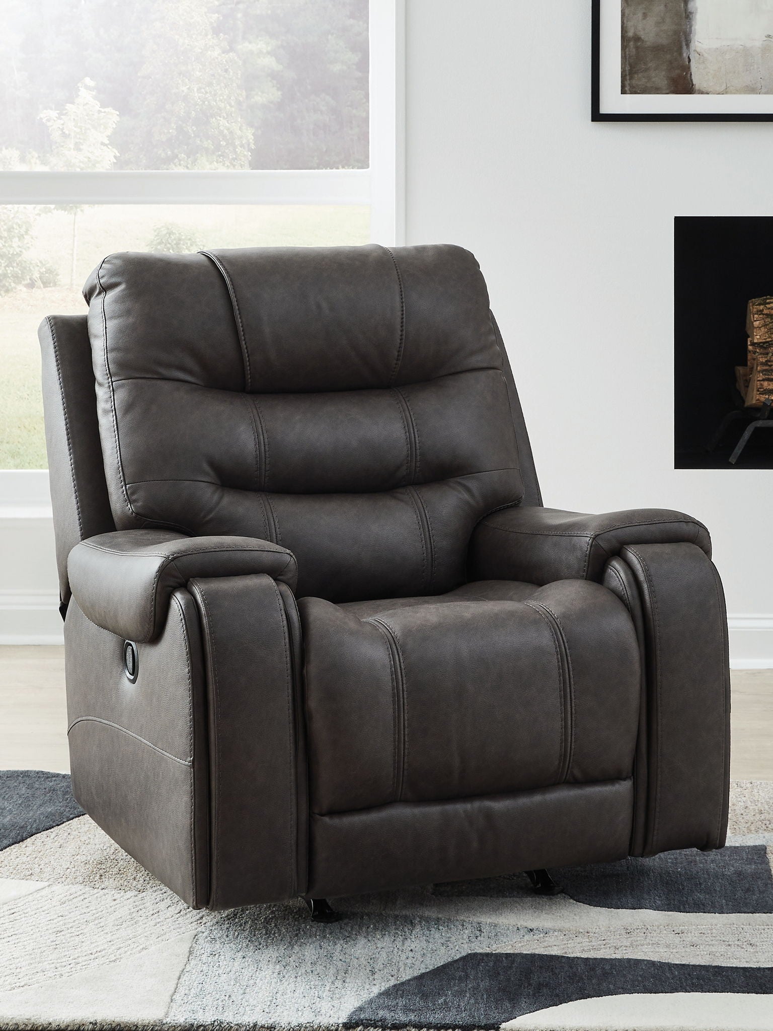 Smoke rocker recliner chair with padded armrests and recline footrest, dark gray