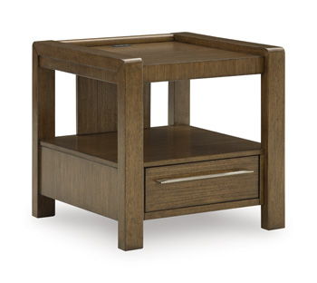 Brown square end table with one drawer and open shelf