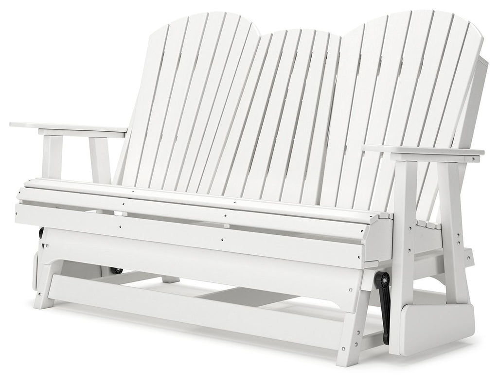 White outdoor loveseat with slatted back and arms, matching seat