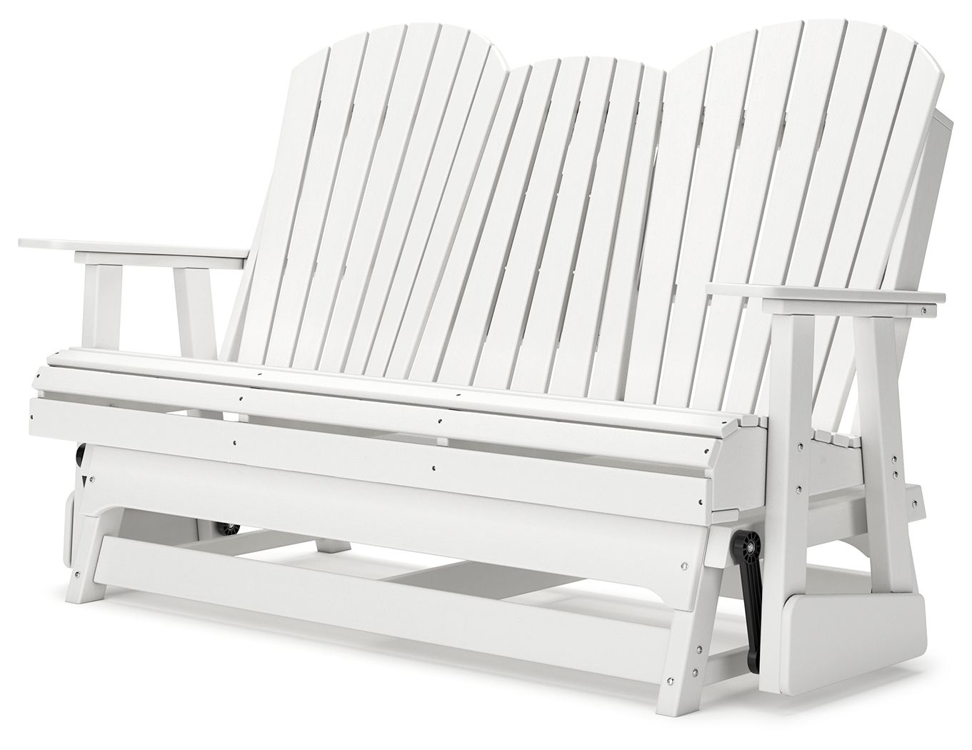 White outdoor loveseat with slatted back and arms, matching seat