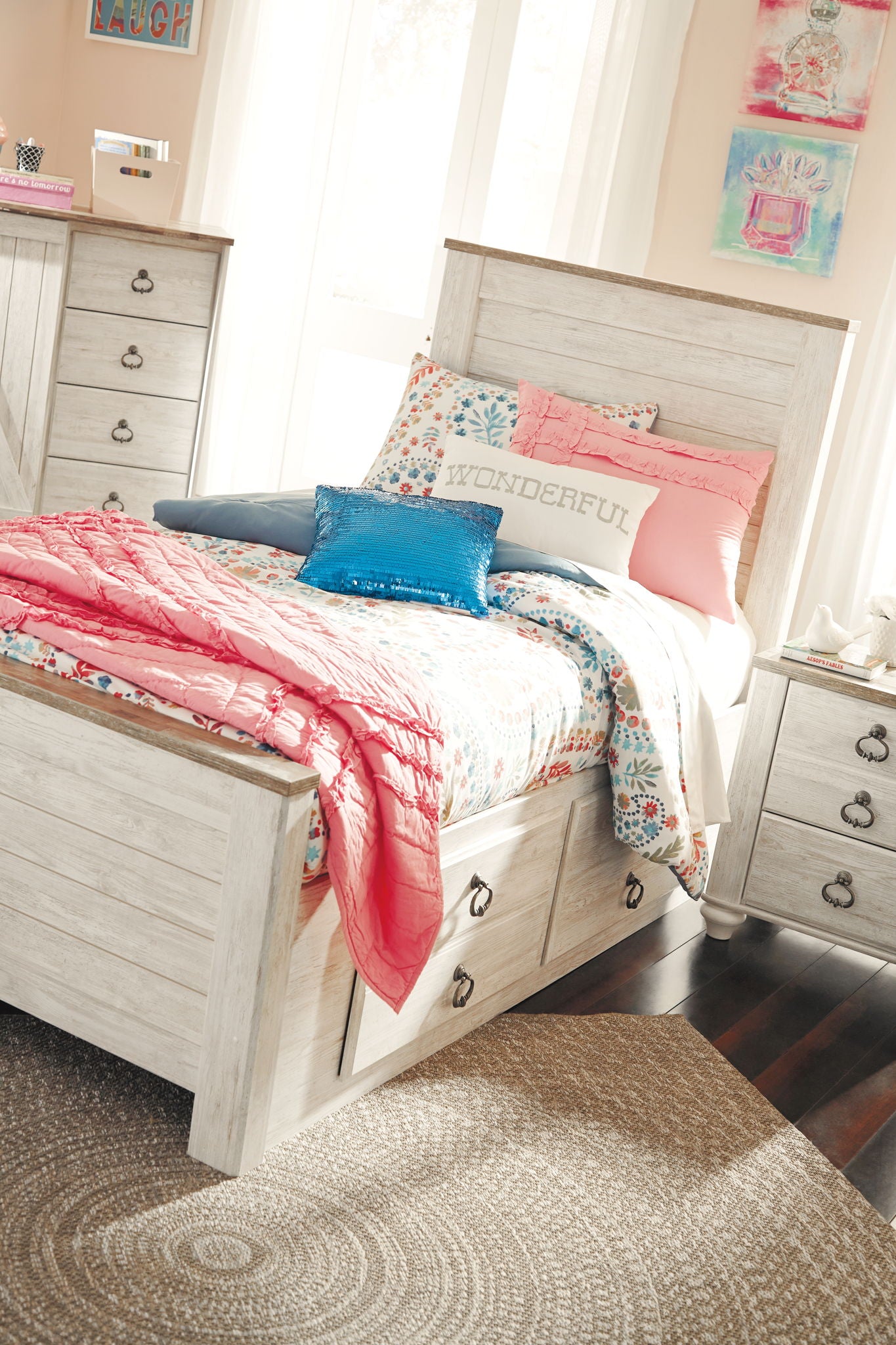 Beige upholstered headboard with tall panel design at the bed corner