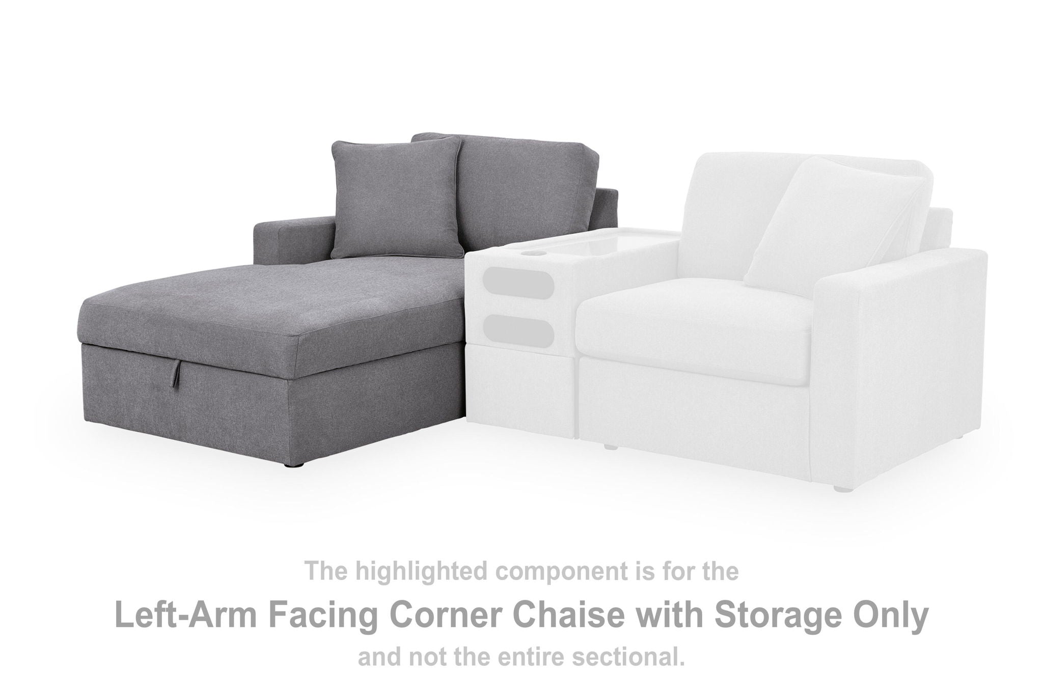 Corner chaise component with storage, gray fabric upholstery and backrest cushions