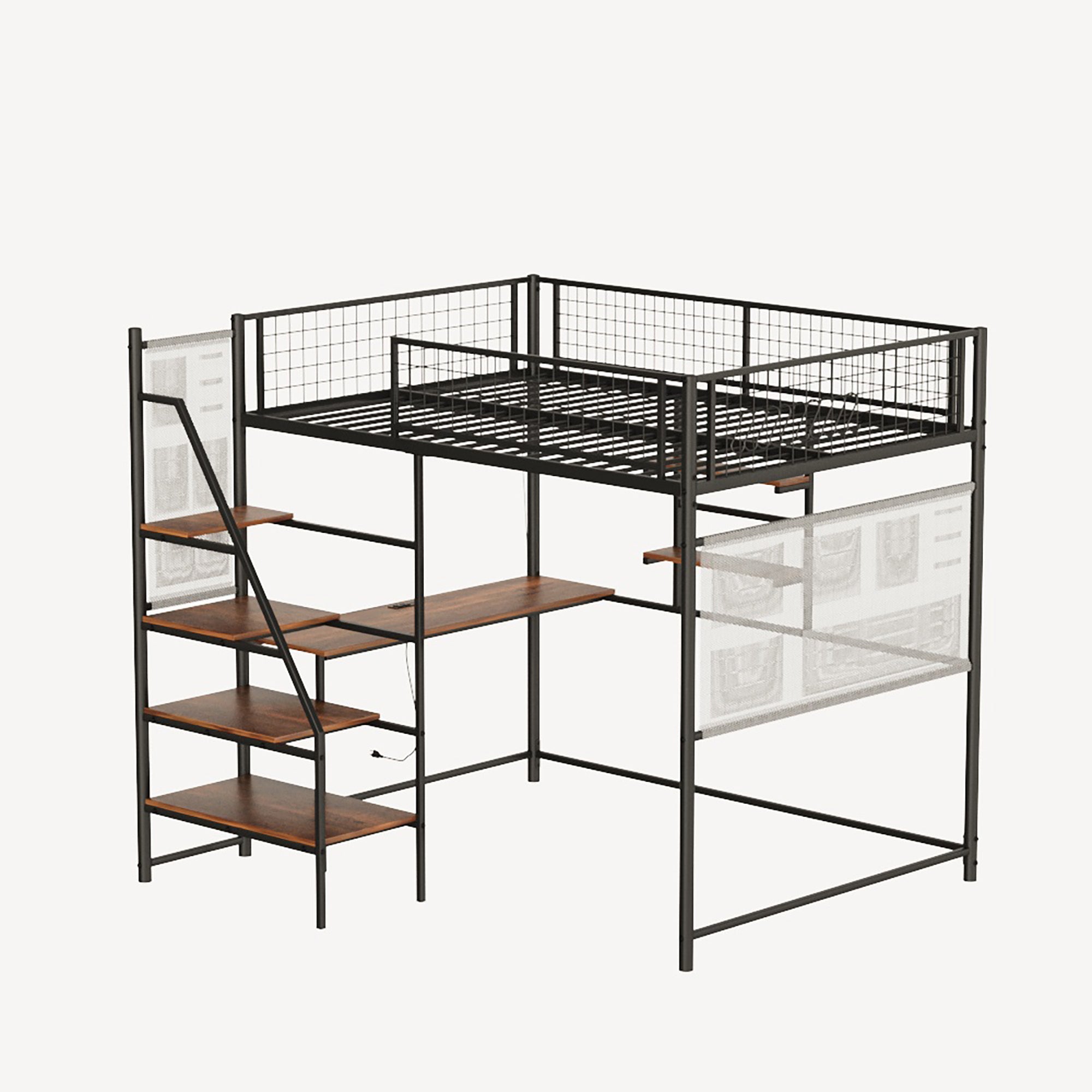 Full Size Metal Loft Bed with Charging & LED Light, Black