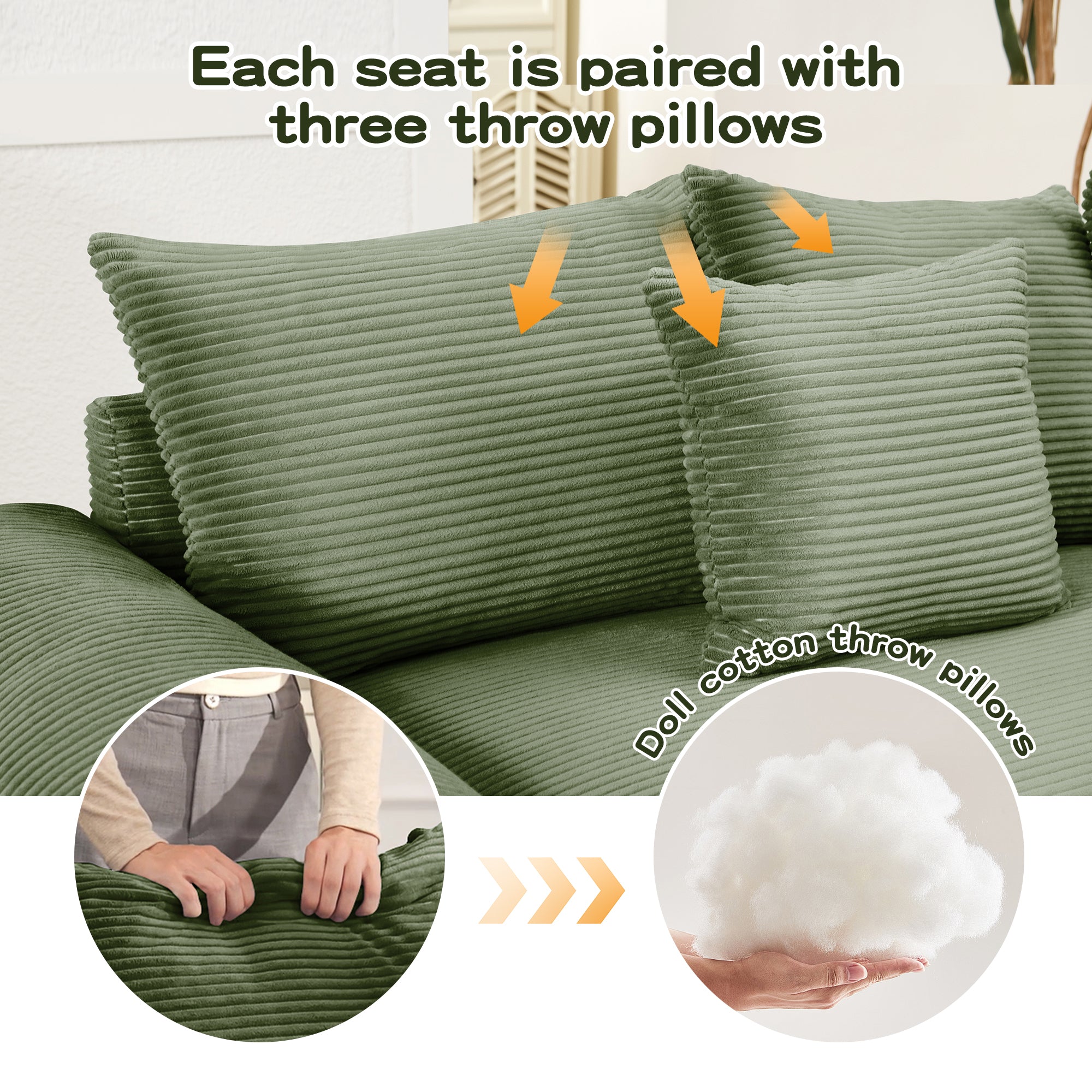 Green corduroy sectional with plush throw pillows on the seat