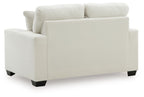 Upholstered loveseat with track arms and two back cushions, light upholstery