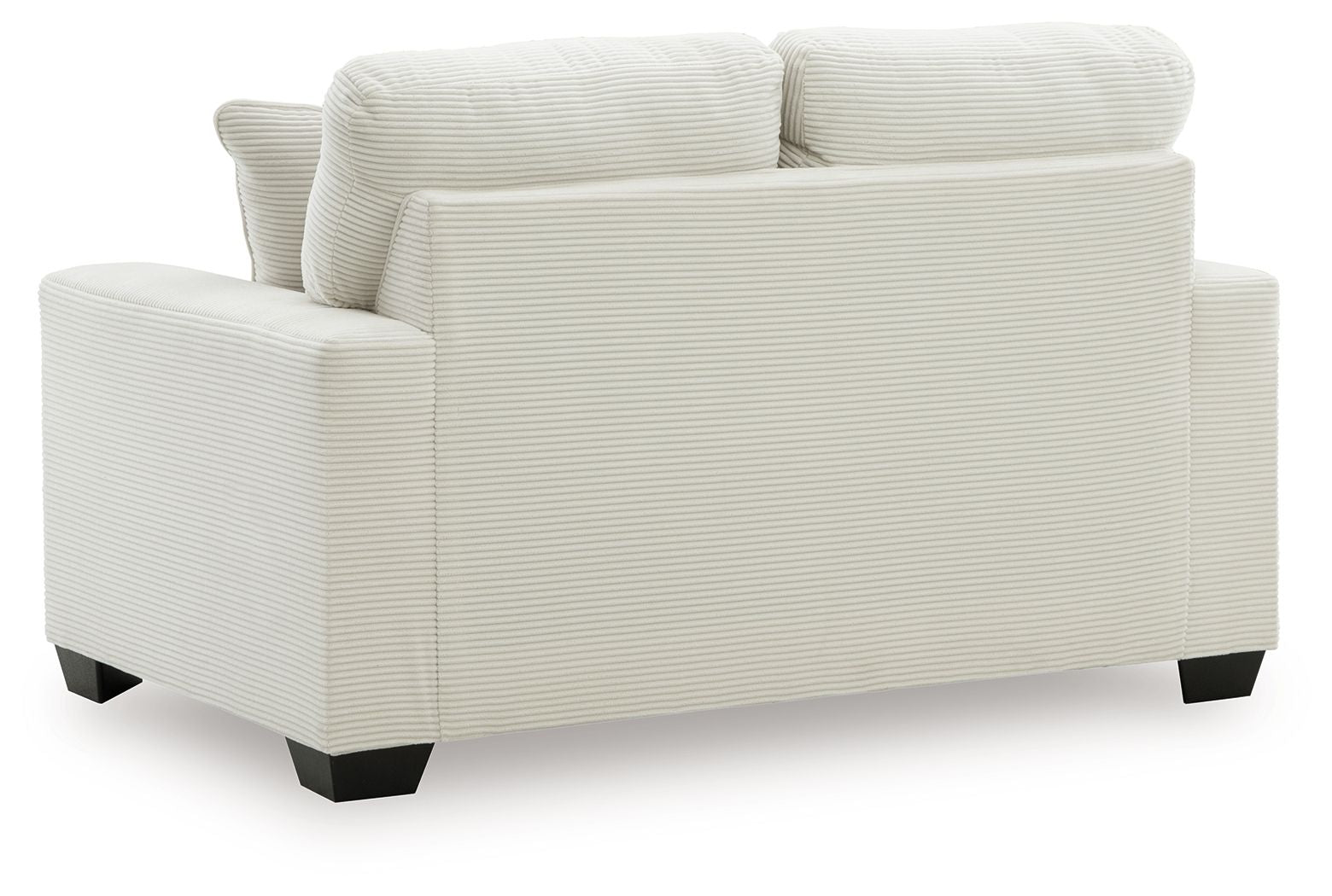 Upholstered loveseat with track arms and two back cushions, light upholstery
