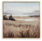 Framed landscape wall art print with wildflowers, fields, and distant mountains