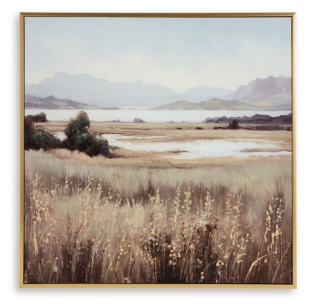 Framed landscape wall art print with wildflowers, fields, and distant mountains
