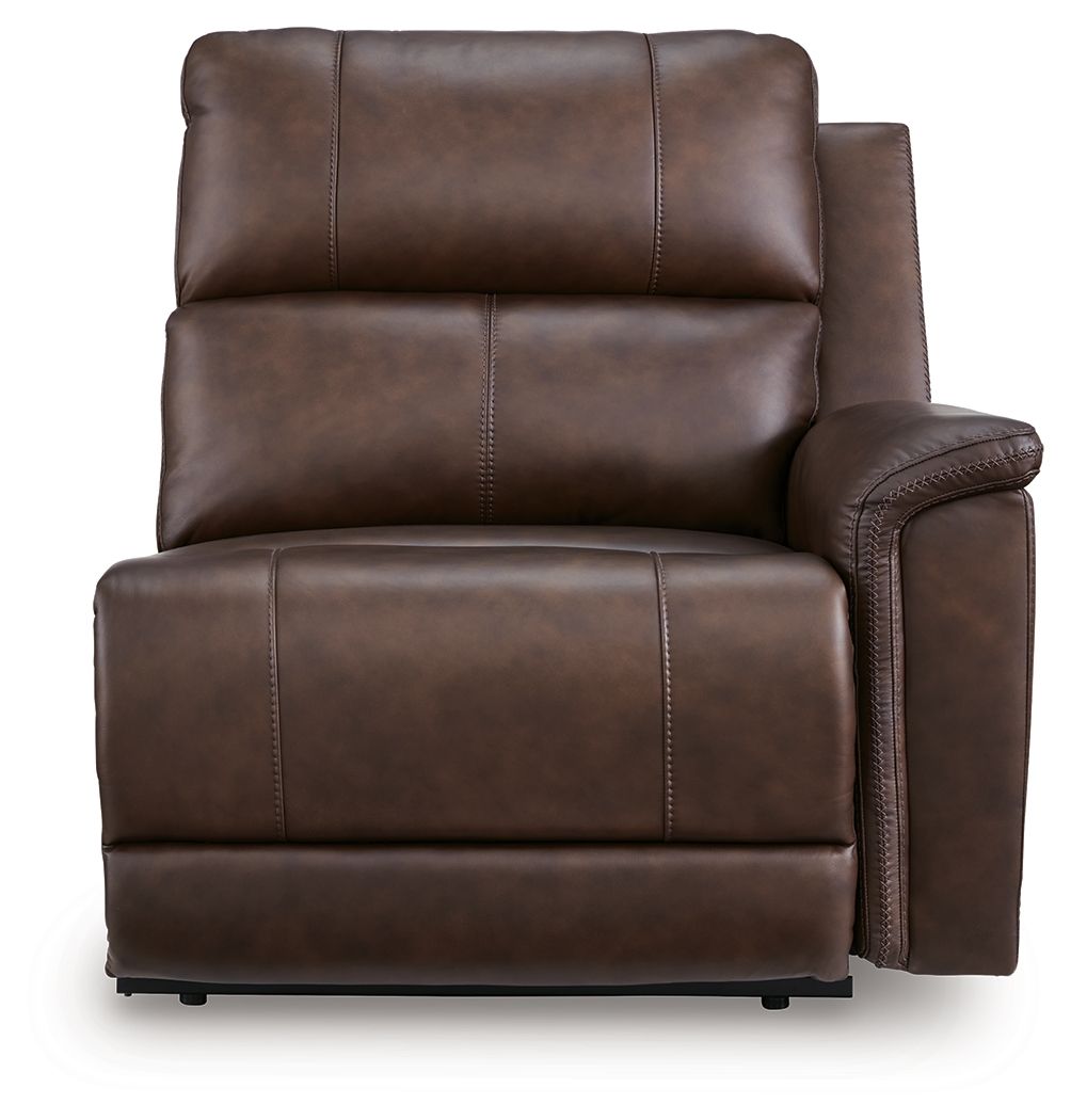 Espresso leather power recliner with wide seat cushion and rounded side arm